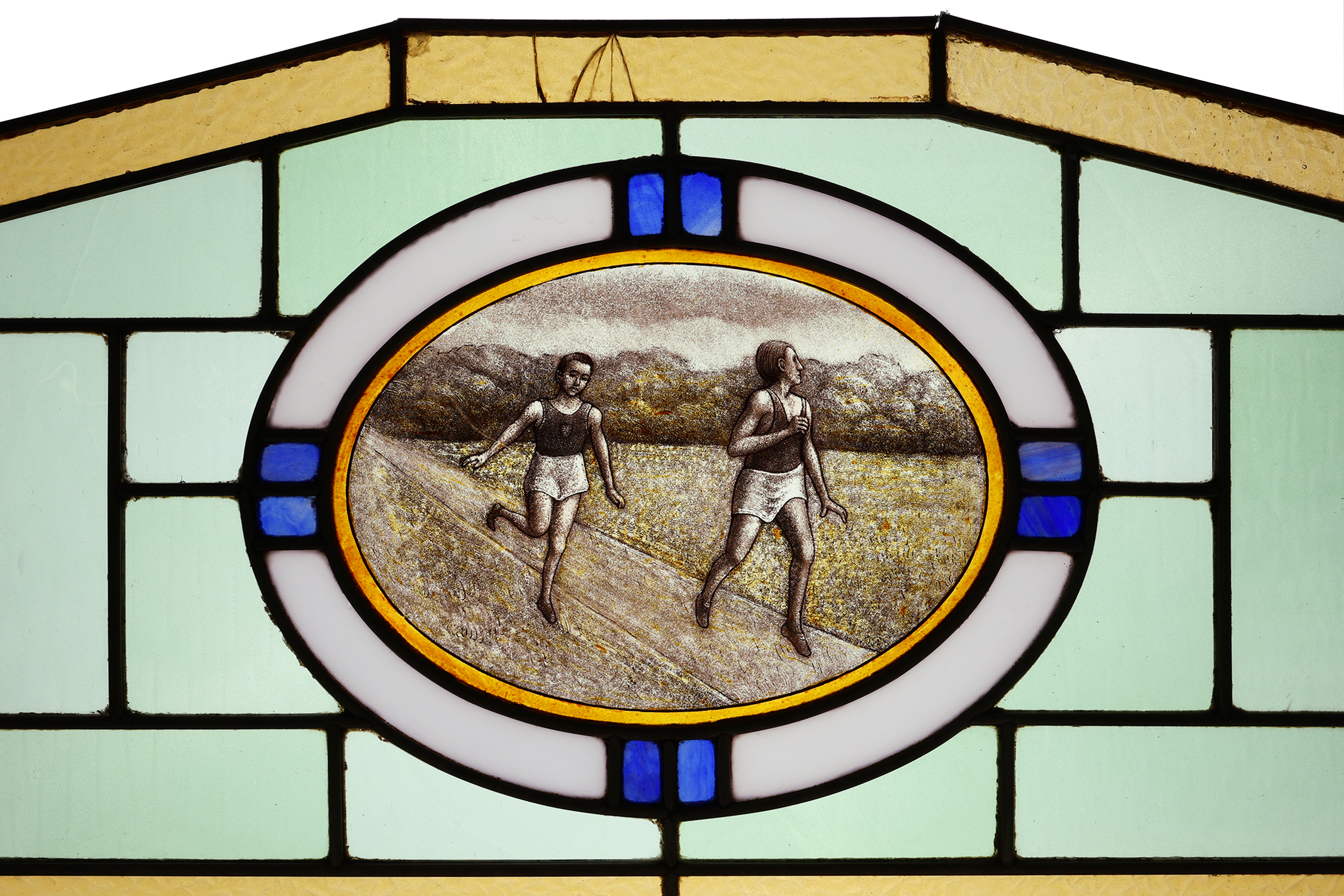 Art Deco Stained Glass Panel Depicting Runners in Motion, Belgium ca. 1910thumbnail